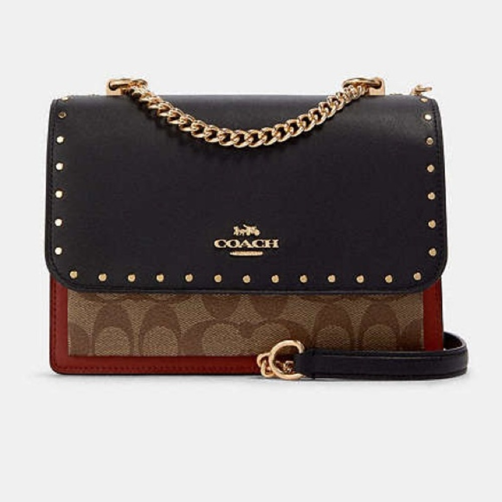 Coach Klare Crossbody Bag‎ Snap Closure Canvas Khaki Berry Black Snake Skin